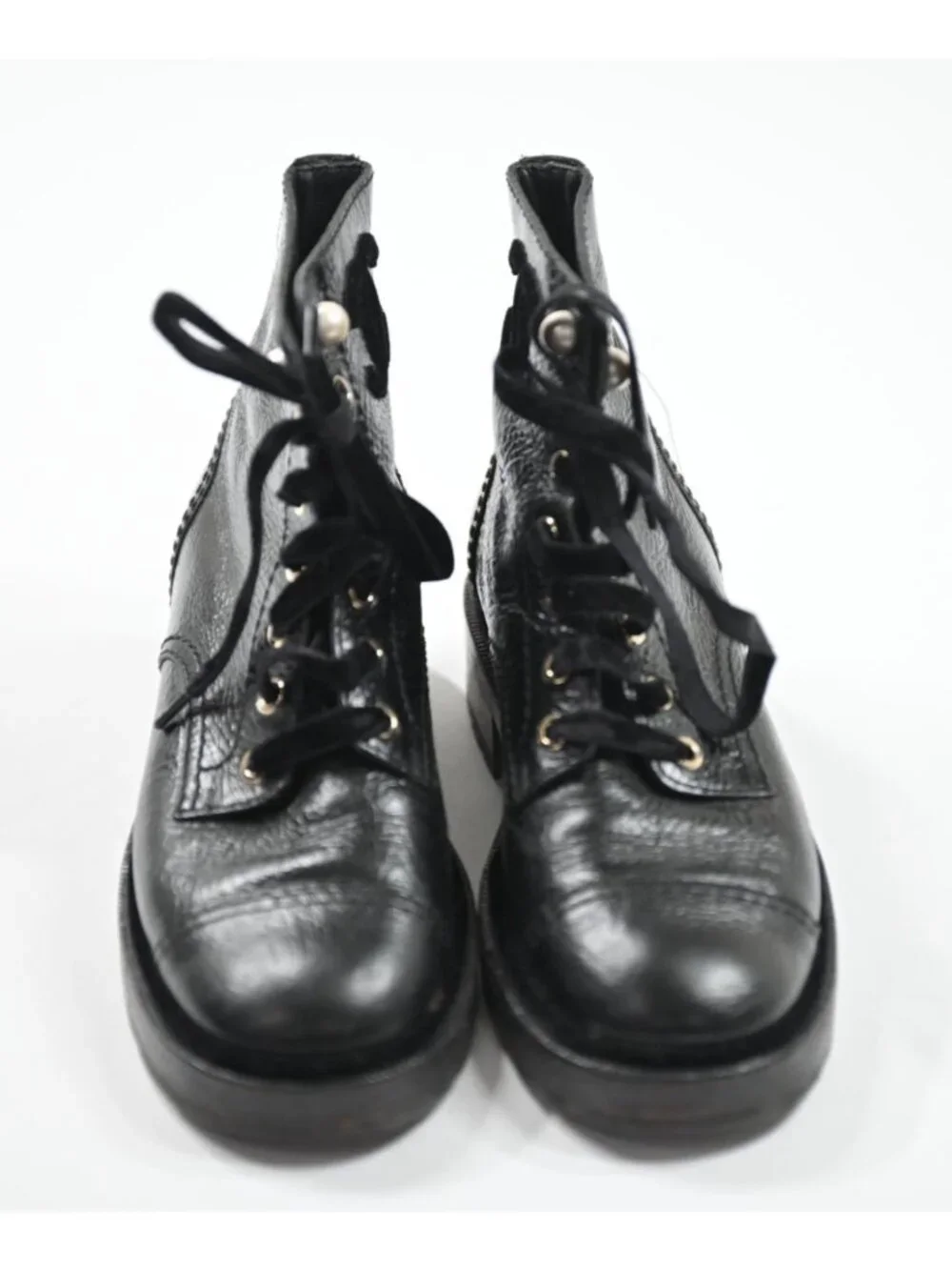 Chanel Shiny Calfskin Velvet Pearl Lace-Up Leather Boots in Black